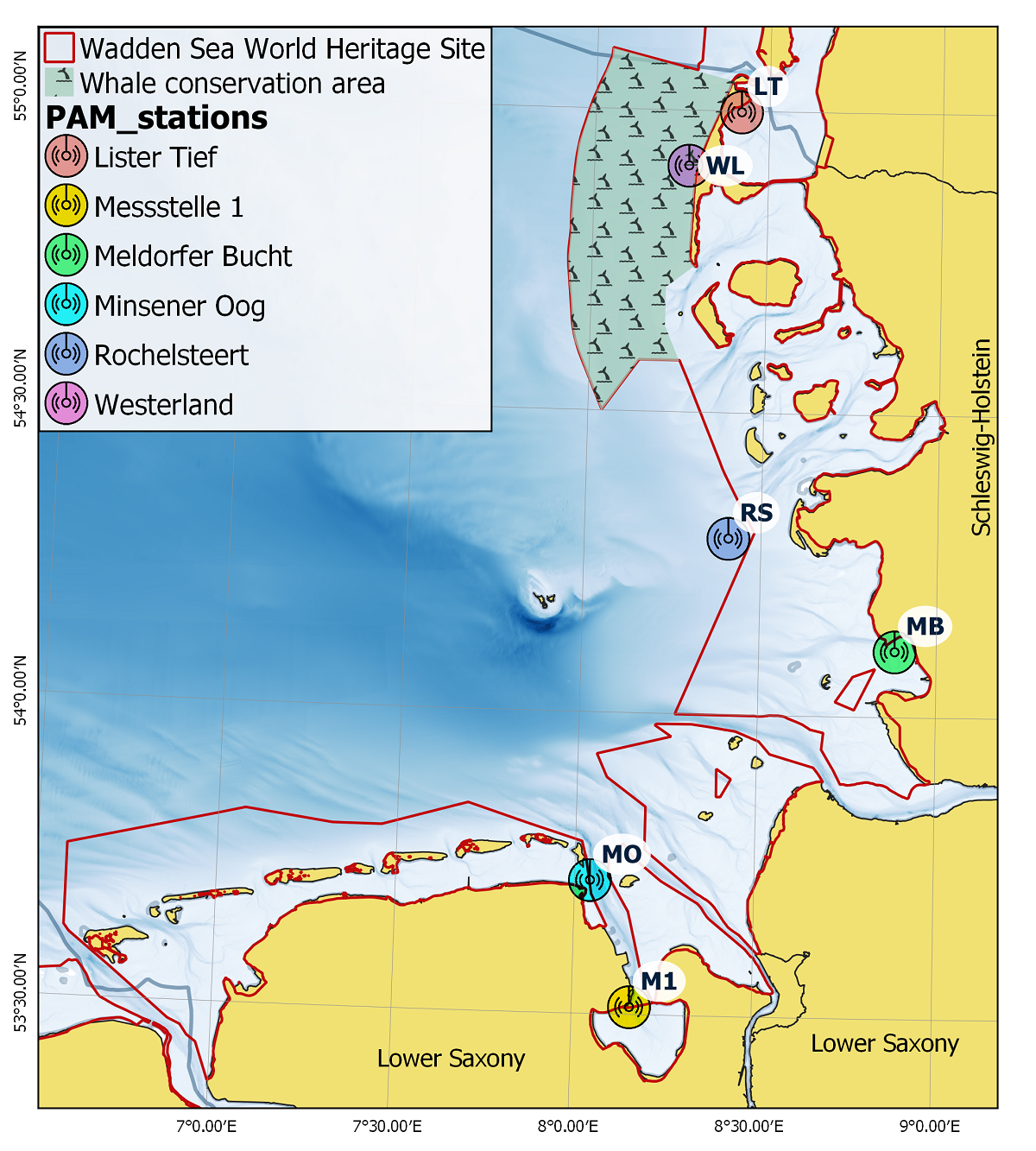 Figure 11. Positions of the PAM stations in the German part of the Wadden Sea world Heritage Site (from Scheidat et al. (under review)).