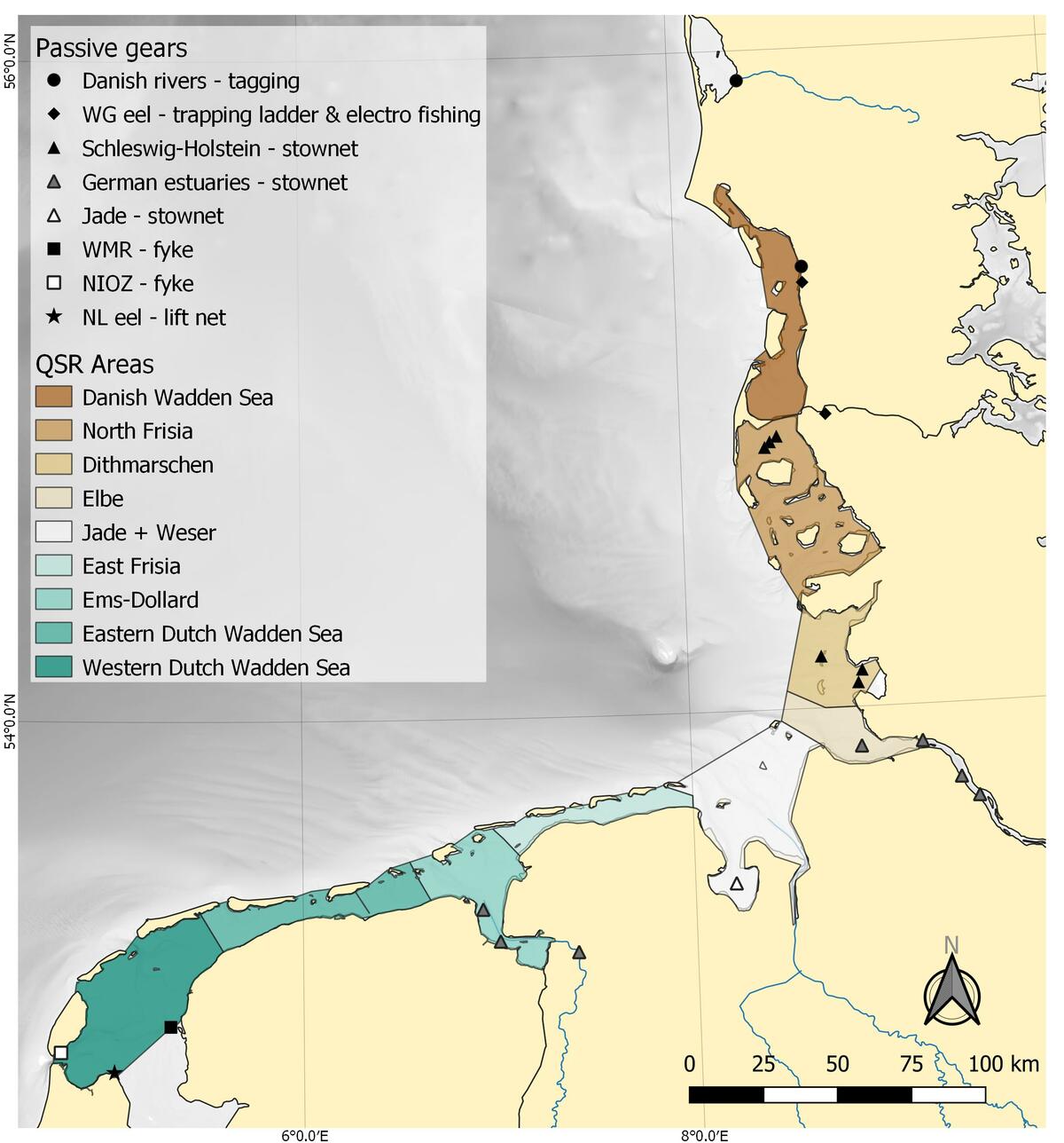 Figure 2. Map of the sampling areas and locations. The beam trawl surveys cover all sampling areas except the Danish Wadden Sea. The sampling locations of passive gears, and the Danish rivers included in the tagging programme are indicated by symbols. The background colours of the sampling areas correspond with the strip colours in the trend figures.