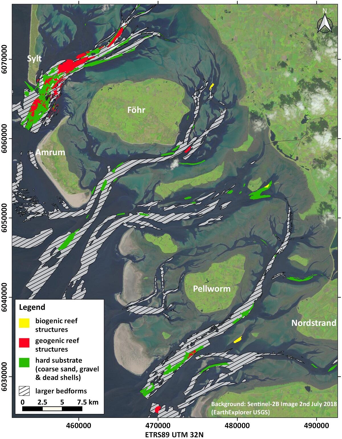 Figure 14: Distribution map of larger bedforms (wavelengths &gt; 5 m), geogenic and biogenic reef structures, as well as hard substrates in the North Frisian Wadden Sea. 