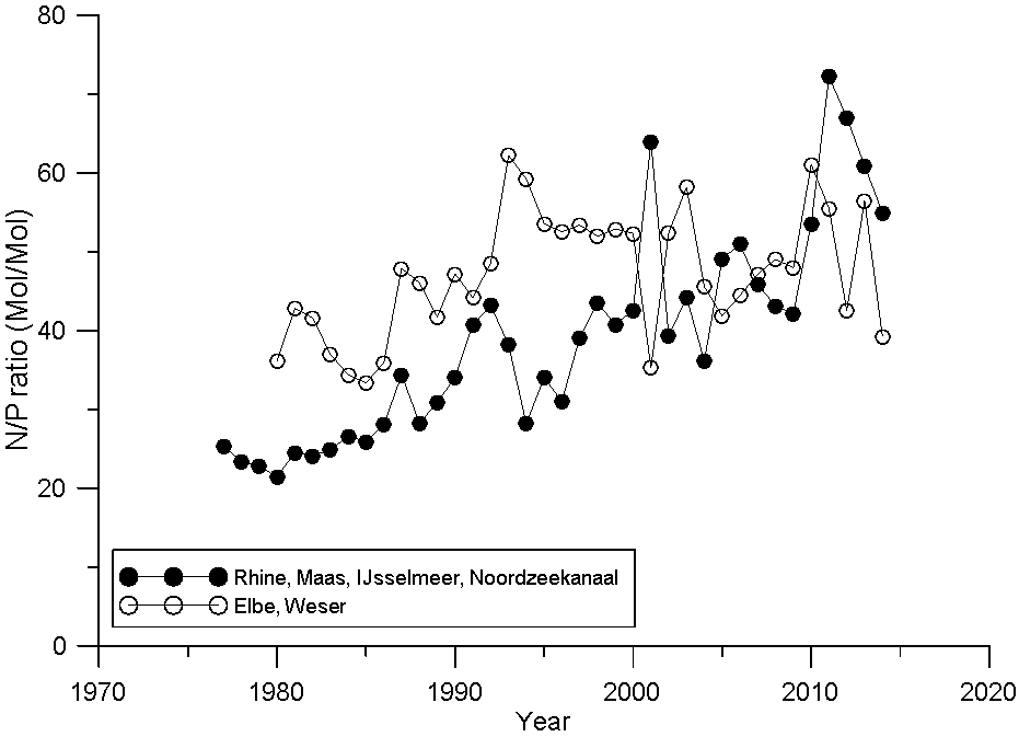 Figure 4. TN/TP ratio (mol/mol) of the major riverine loads.