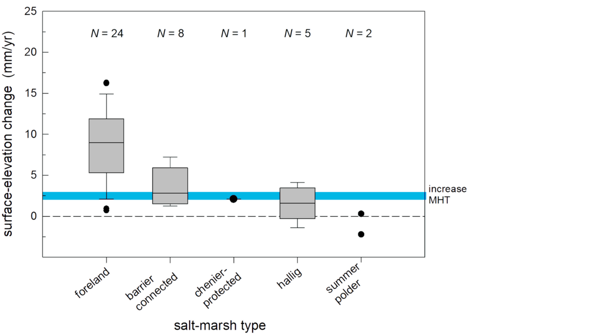 Figure 7. Surface-elevation change (SEC) in Wadden Sea salt marshes and summer polders. 
