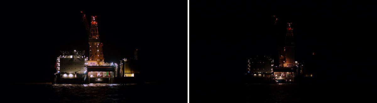 Figure 12. Oil platform Mittelplate at night before (left) and after (right) modification of the light concept (Source: Wintershall DEA).