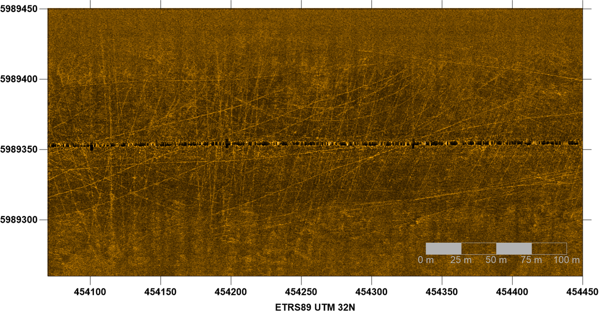 Figure 19: Side-scan sonar image of a muddy seabed in the outermost Norderelbe tidal channel showing numerous beam trawl tracks.