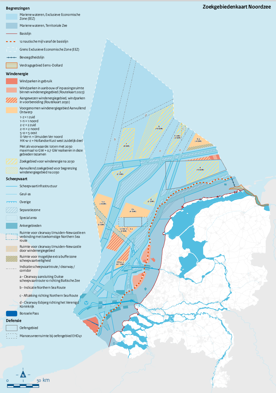 Operational wind farms (red), under construction or designated offshore wind farm zones, commissioning until 2023 (light red), designated offshore wind farm zones, commissioning until 2030 (orange-red stripes), proposed additional wind energy areas (orange), and search areas for development after 2030 (broad yellow stripes, narrow yellow stripes – additional search areas), taken from Aanvullend Ontwerp Programma Nordzee 2022-20277.