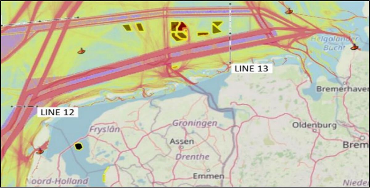 Figure 3. Traffic flow and counting lines in the German Bight (AqualisBraemar LOC Group, 2021).