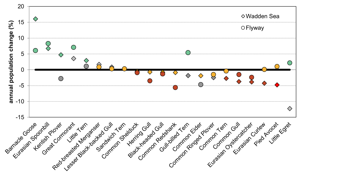 Figure 7. Comparison of trends in abundance in breeding birds in the Wadden Sea and at flyway level. Shown is the average rate of annual population change for the past 12 years (in %), species ranked according to the rate of change in the Wadden Sea. Values above 0 depict increases, values below 0 decreases. Colours denote trend classification (moderate and strong changes merged, see Fig. 3).