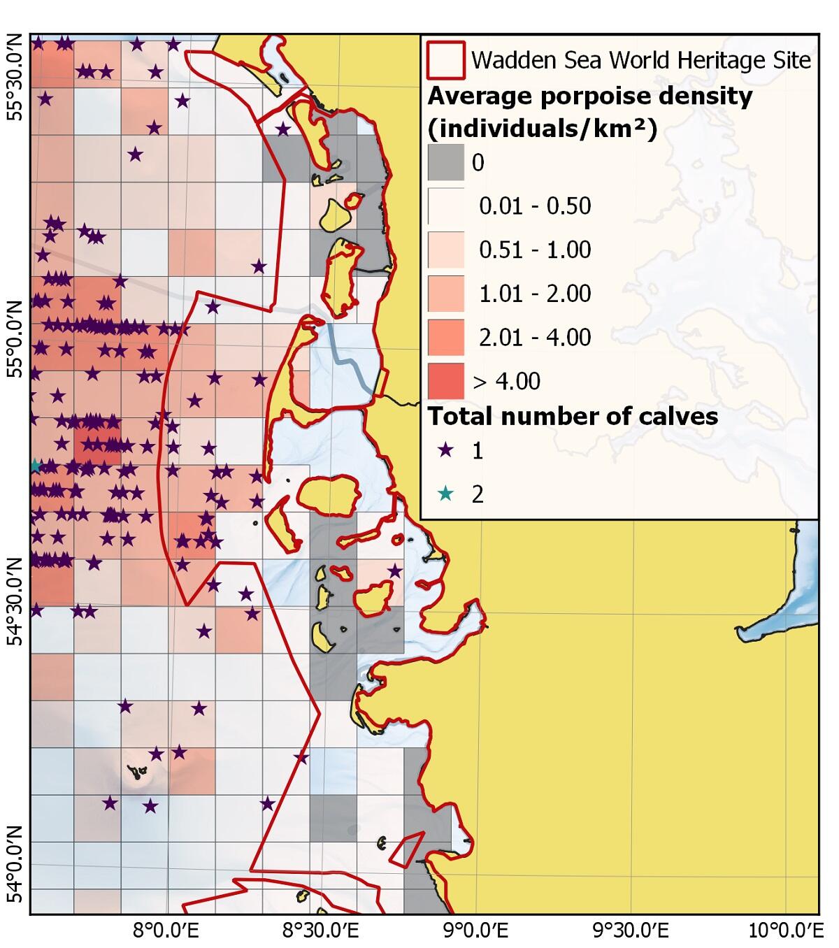 Figure 9. Average porpoise density and calf sightings for Danish (2011-2019) and German waters (2002 to 2020) during summer (June, July, August) (adapted from Scheidat et al. (under review)).