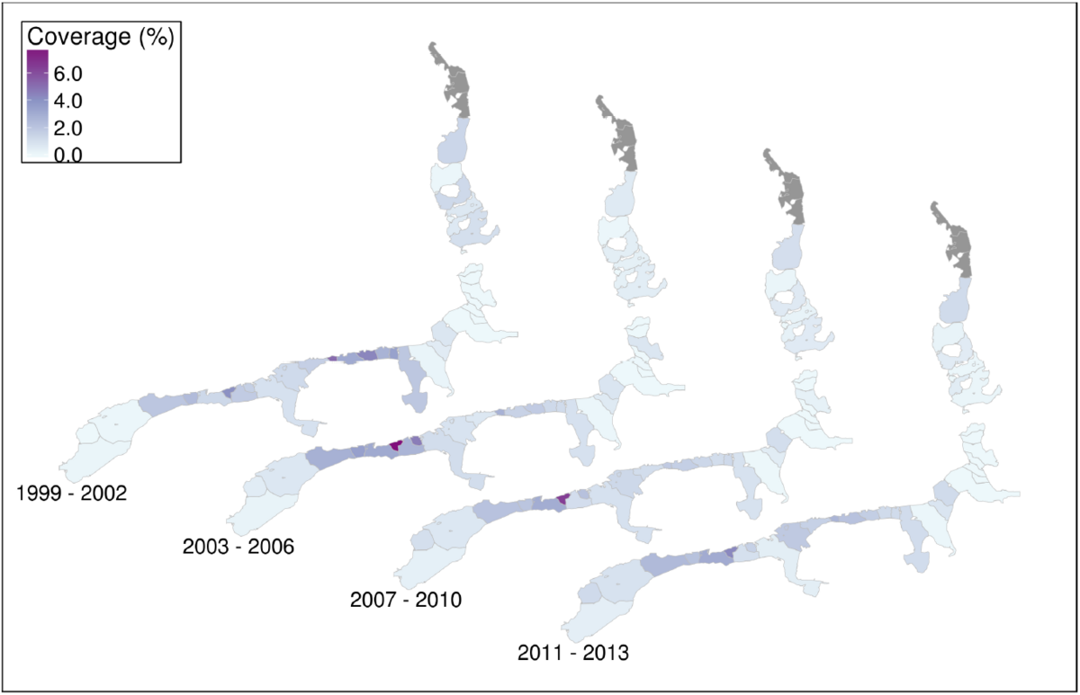  Average coverage per tidal basin for the periods 1999-2002, 2003-2006, 2007-2010 and 2011-2013. Coverage is the percentage of intertidal flat that is covered by blue mussel beds, Pacific oyster reefs or mixed beds. 