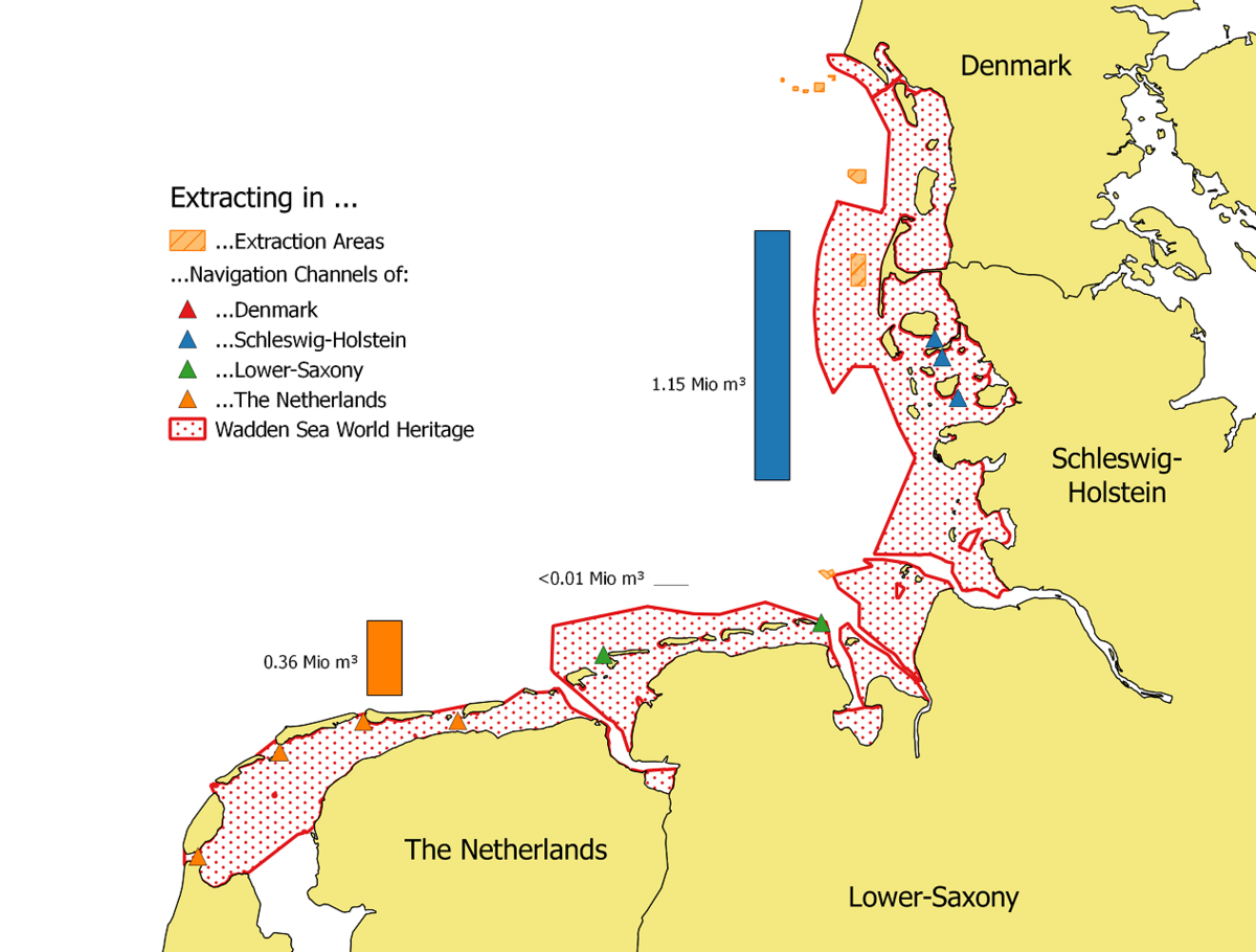  Locations and averaged amounts of extracted sediments per year (2006-2013) within the Wadden Sea areas of the Netherlands, Germany