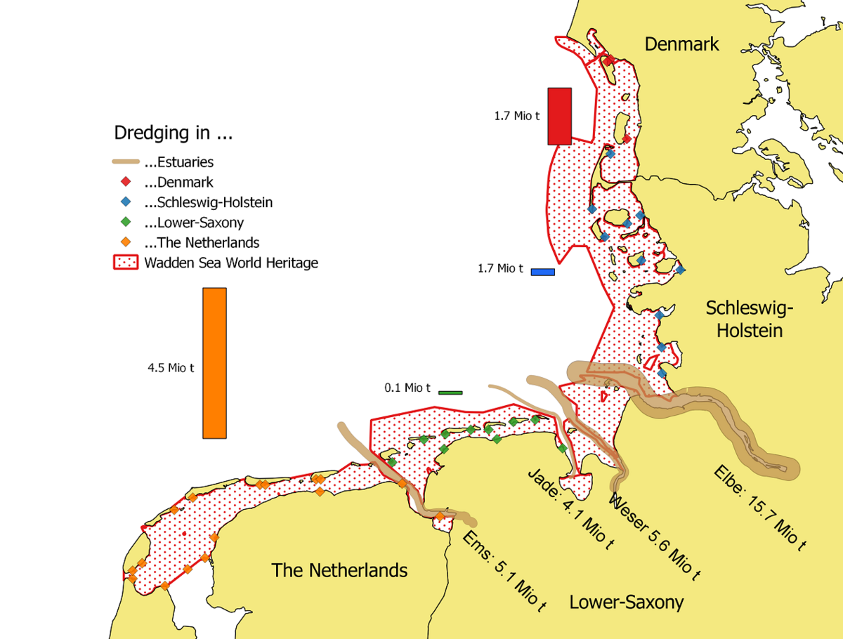  Locations and averaged amounts of dredged sediments per year (2006-2013) within the Wadden Sea