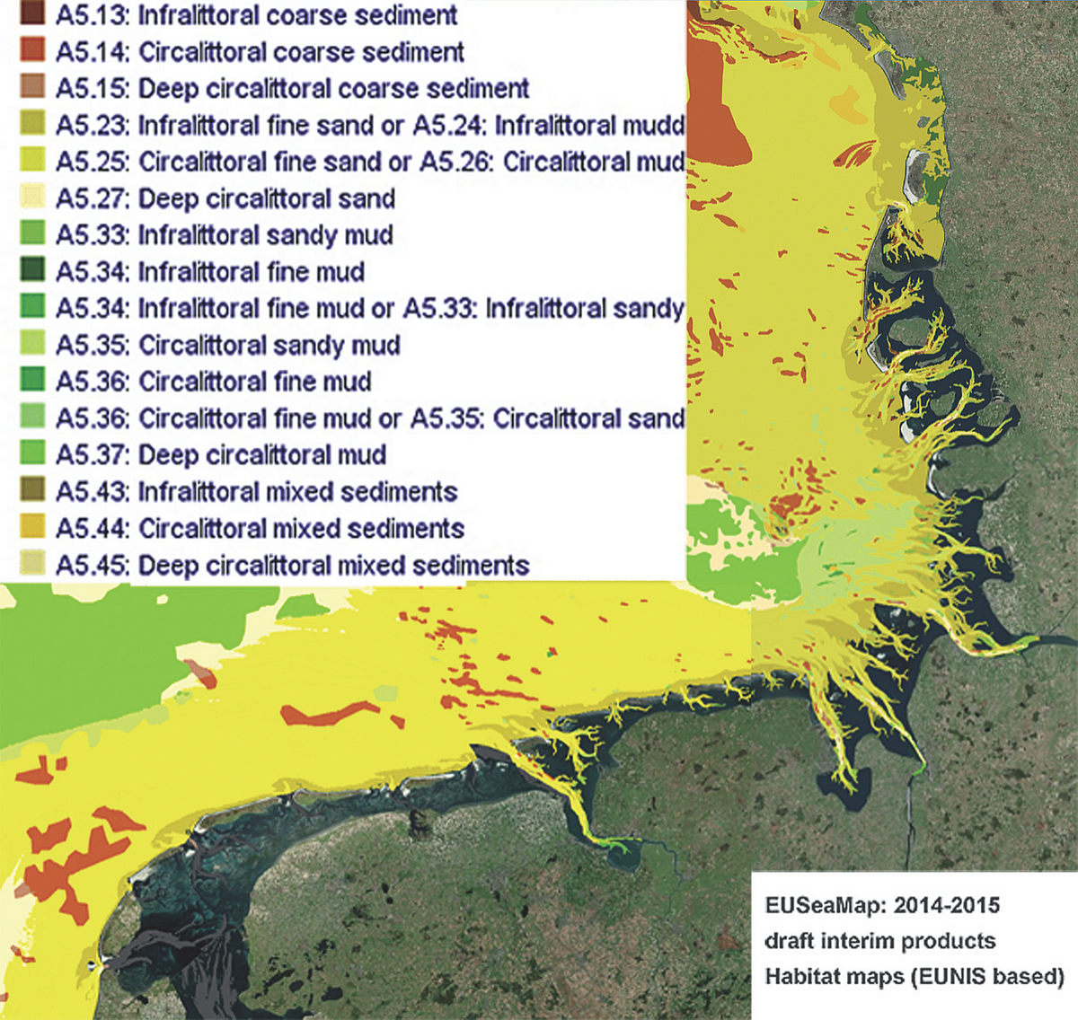 Figure 9. Habitat map of the Wadden Sea and adjacent offshore areas based on EUNIS classification (after EMODnet 2015).