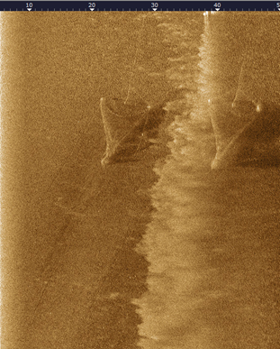 Figure 20: Side-scan sonar image showing shrimp nets and their traces on a sandy sea floor.